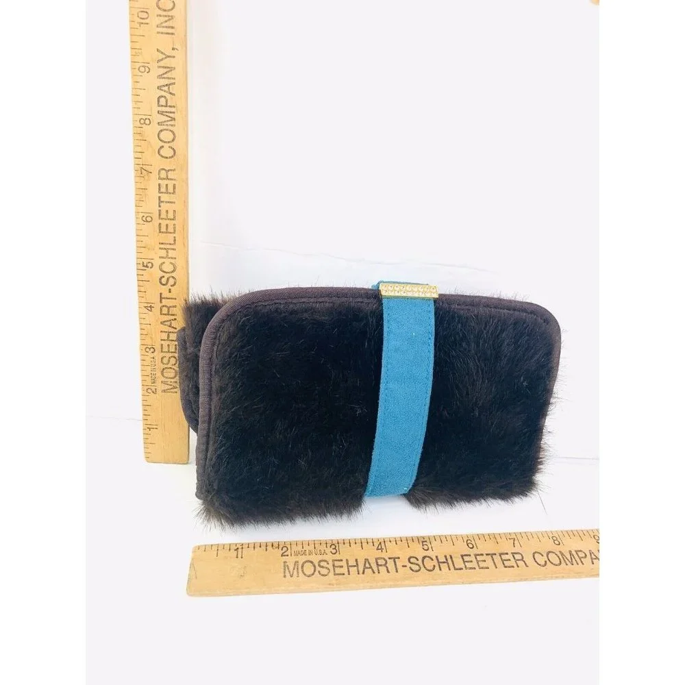 Stephanie Johnson Cosmetic Bag/Roll Crystal Bling Brown Faux Mink Fur NWOT